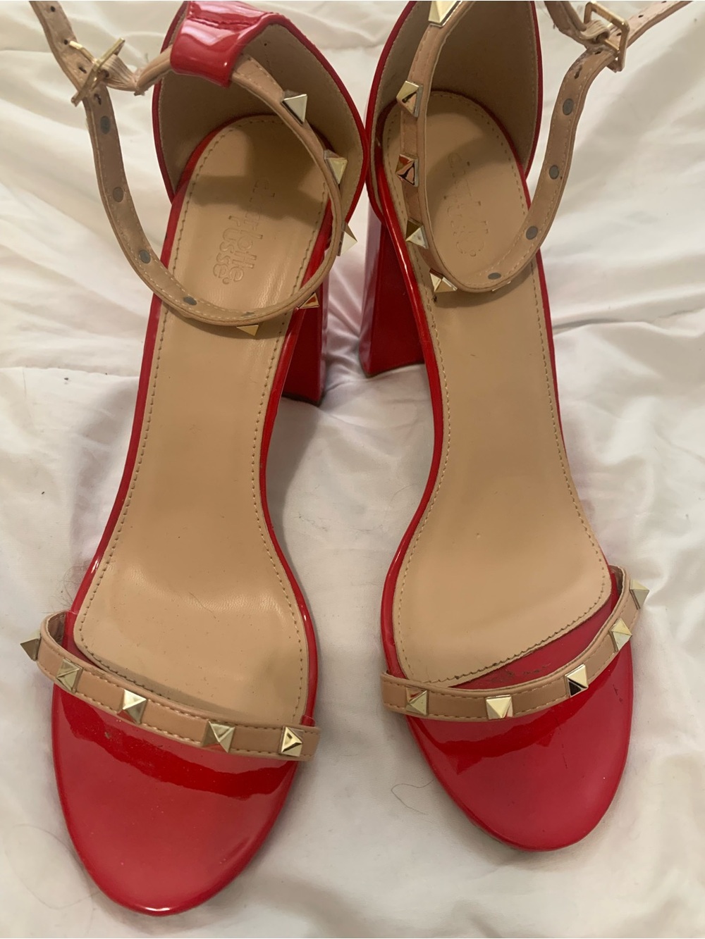 Charlotte Russe Red Patent Block Heel Sandals with Nude Studded Straps